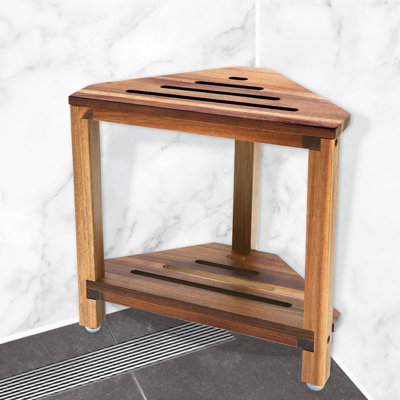 Corner Shower Stool With Storage Shelf Shower Foot Rest For Shaving Legs Small Bench For Inside Shower To Sit On Bath Seat - Acacia Wood