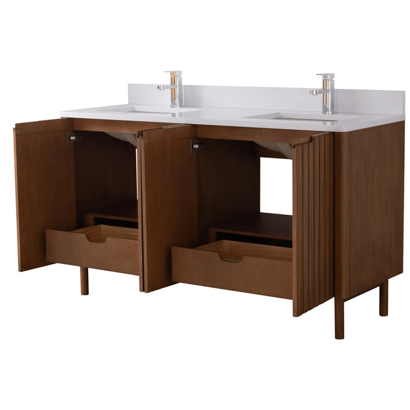 Meuble-lavabo sur pied moderne Tennant Brand 60 pouces, chêne chaud brun fumé, double vasque, comptoir en quartz blanc, entièrement assemblé