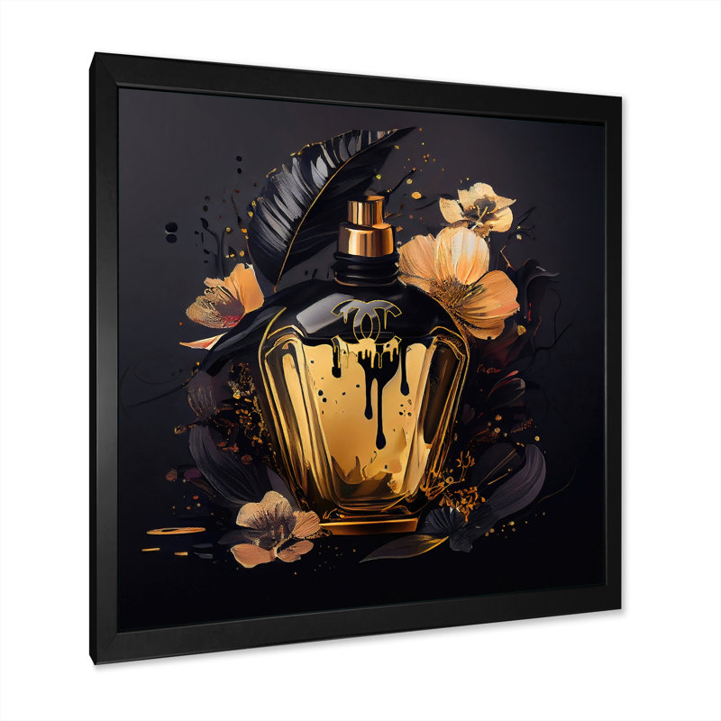 «Chic Black and Gold Perfume Bottle IX», impression sur toile, Impression noire sur toile encadrée
