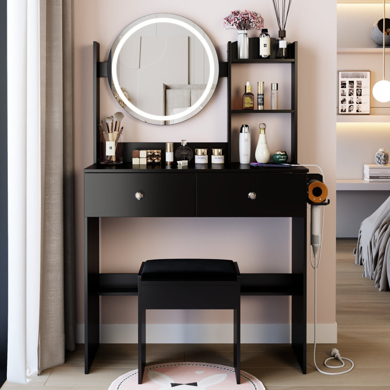 17" Round Led Vanity Table With Cushioned Stool, Big Mirror, 3 - Color Adjustable Brightness , Touch Switch, 2 Ac + Power Sockets, Multi Layer Storage, American Design, Material, 31.5 In Depth, 14.2