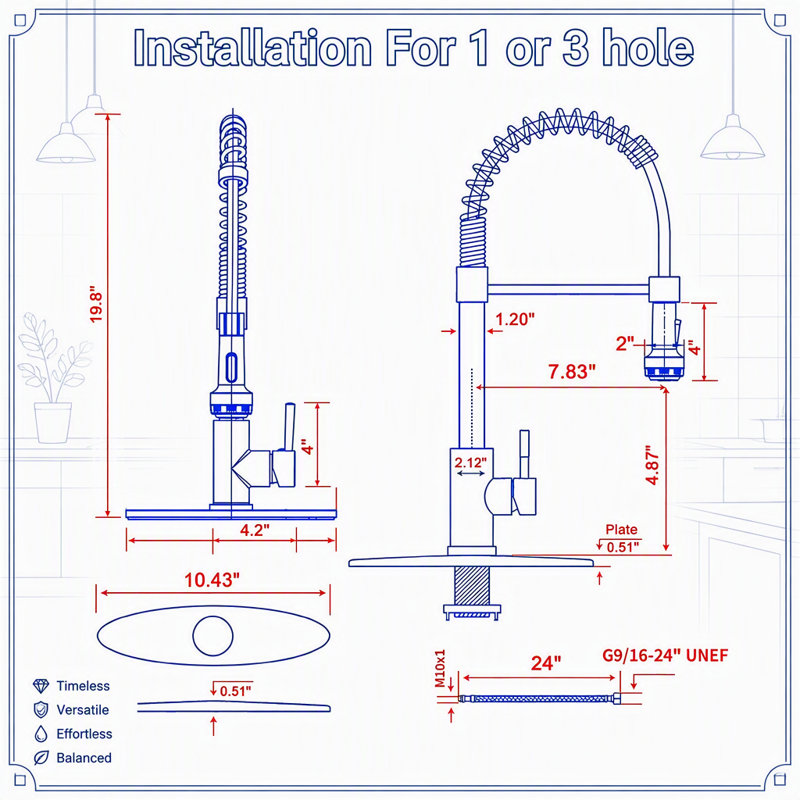 Matte Black Pull Down Kitchen Faucet with 4 Spraying Modes, Single Handle, Commercial Spring Design, 1 or 3 Hole Installation