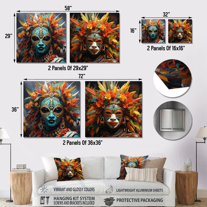 Danse des masques d'Afrique I - ensemble de 2 carrés d'art mural en métal, H 29 po x l 58 po