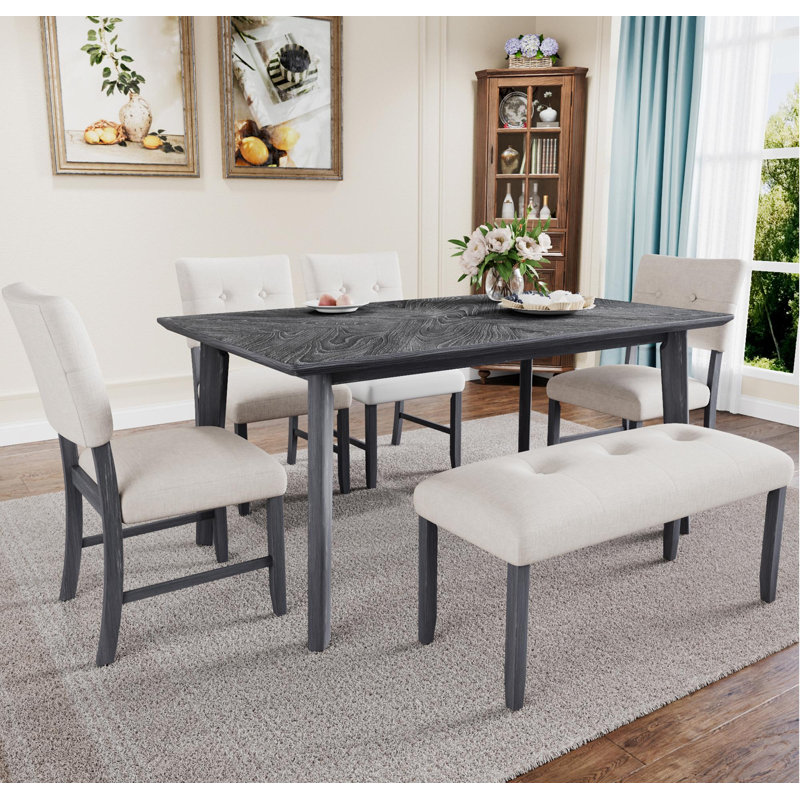 Ensemble de table de salle à manger 6 pièces, table de salle à manger rustique de style campagnard avec 4 chaises et banc rembourrés, ensemble de table de salle à manger en bois massif pour 6 personnes (assemblage facile, gris)
