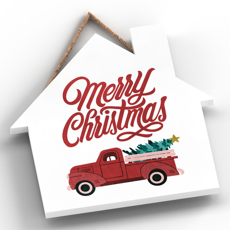 Xmas Merry Christmas Truck Wooden House Plaque, 9.9cm H x 9.9cm W x 0.5cm D