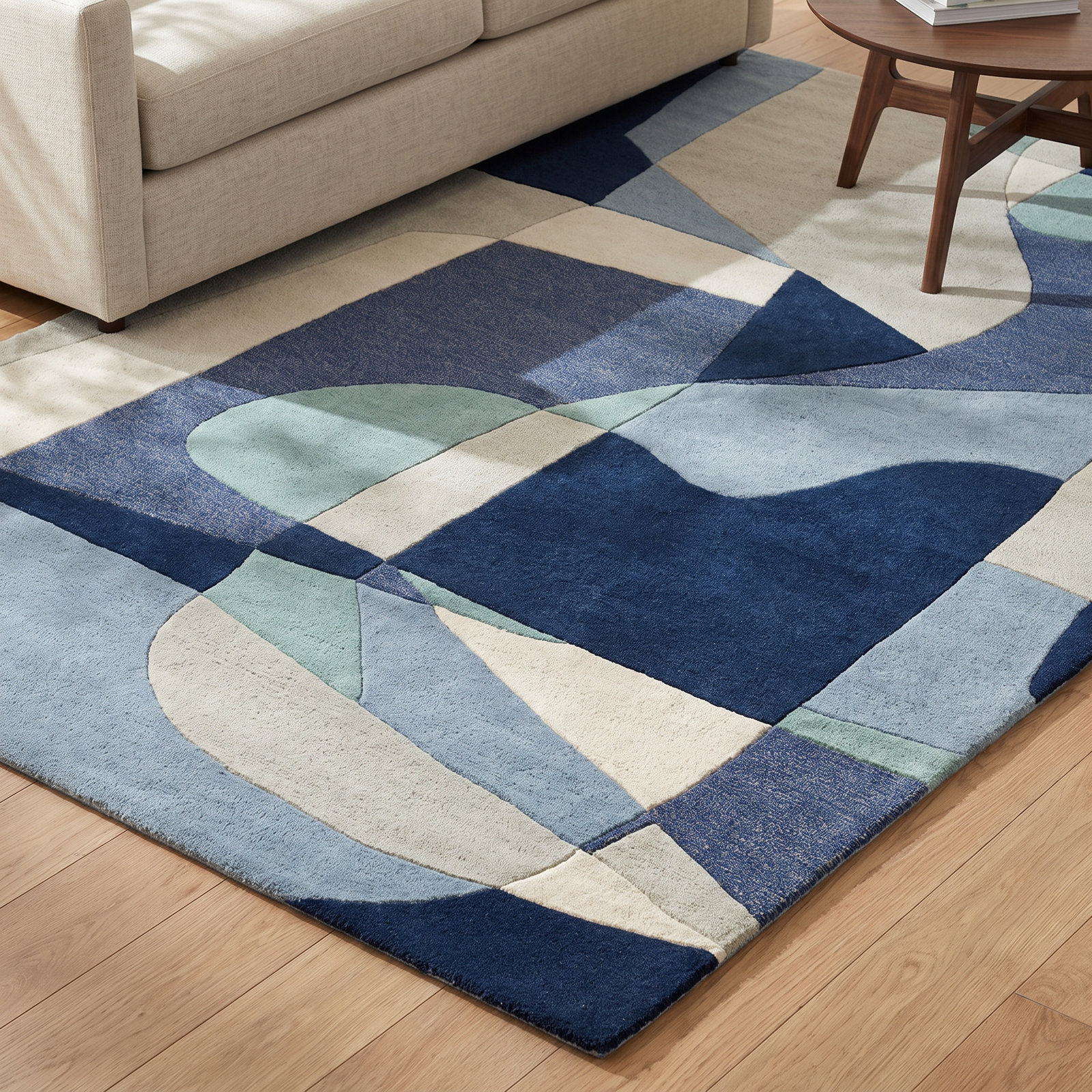 Gaye Teal Navy Beige Hand-Tufted Geometric Rug, Rectangle 8' x 11'