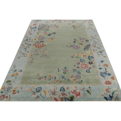 Rug & Kilim’S Chinese Deco Rug In Green With Blue Border & Floral Patterns