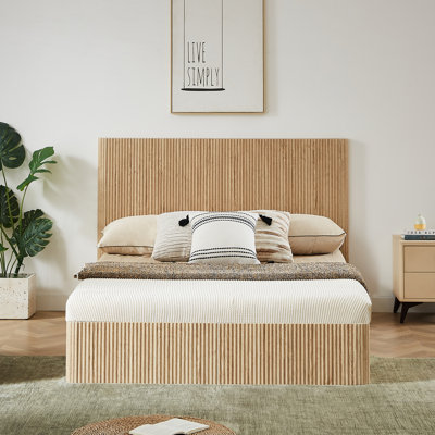 Structure de lit pour grand lit avec rangement relevable, lignes courbes en bois ondulé, rangement hydraulique