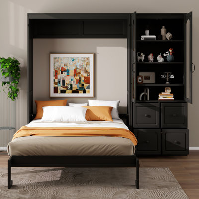 Lit escamotable avec armoire latérale réversible, lit mural pliable en bois de style campagnard avec étagères de rangement et 4 tiroirs, portes en acrylique