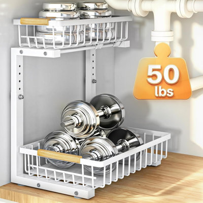 Under Sink Organizer, White 2 Pack Height Adjustable | 2 Tier Pull Out Drawer, Under Sink Organizers and Storage, Cabinet Storage for Kitchen Bathroom