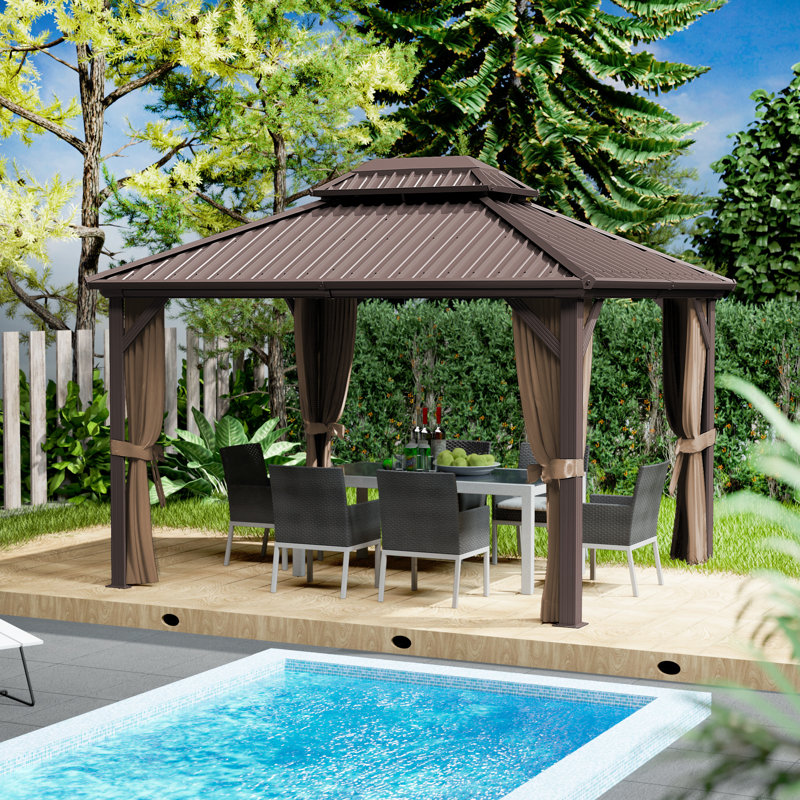 Kozyard Caesar Gray Double Roof Hardtop Gazebo with Privacy Curtain and Mosquito Netting, Brown, 120" x 144", Brown