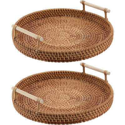 Plateau de service rond en rotin naturel avec poignées, panier en osier tressé à la main pour pain, fruits, collations et boissons