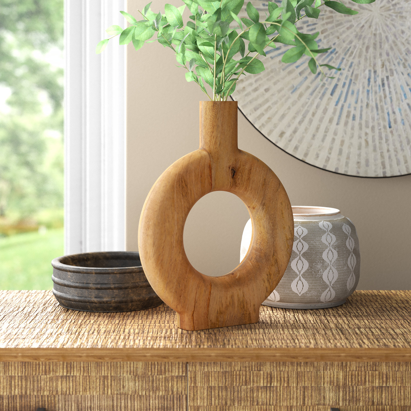 Natural Wood Donut Shaped Vase, 14"