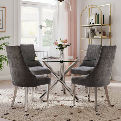 Modern Round Pedestal Dining Set with Chenille Dininig Chair by Ivy Bronx