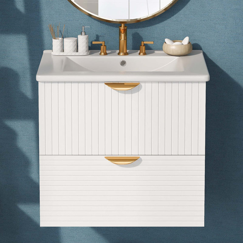 Meuble-lavabo mural moderne 24 po avec 2 tiroirs pour les petites salles de bain, Blanc