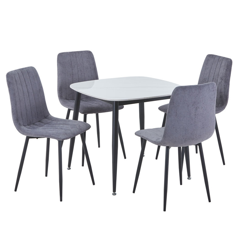 Aspen Sintered Stone Square Table with 4 Straight Stitch Upholstered Fabric Chairs - Modern Dining Set, Grey
