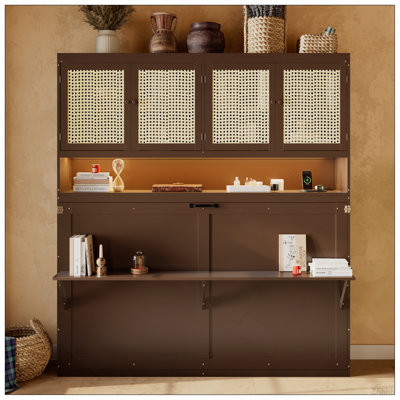 Lit escamotable simple avec armoire supérieure, lit pliable peu encombrant avec lumière et USB, espresso