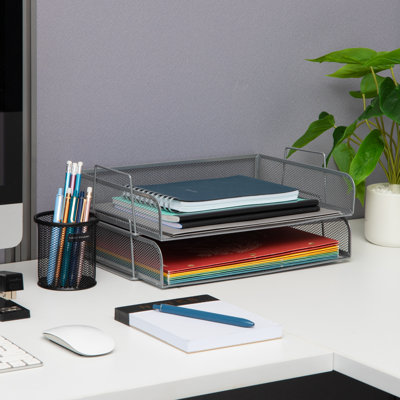 Mind Reader Stackable Paper Tray, Desktop Organizer, File Storage, Metal, 13.25"L x 9.75"W x 6.25"H, 2 Pieces, Silver