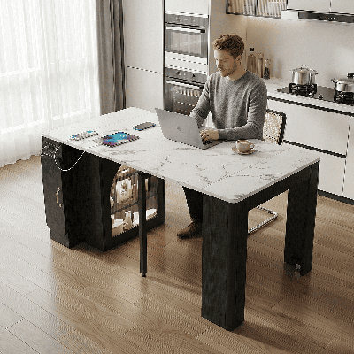 Convertible Dining & Island Table With LED Lighting And Charging Ports, Hidden Storage