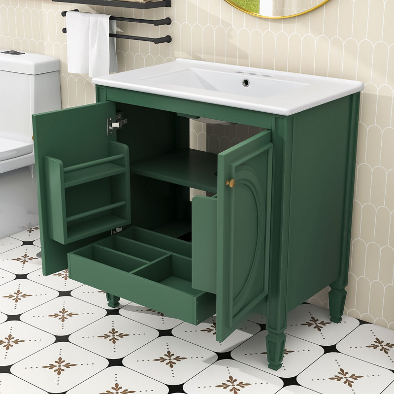 Meuble-lavabo autoportant avec lavabo lisse et tiroir fonctionnel, Vert