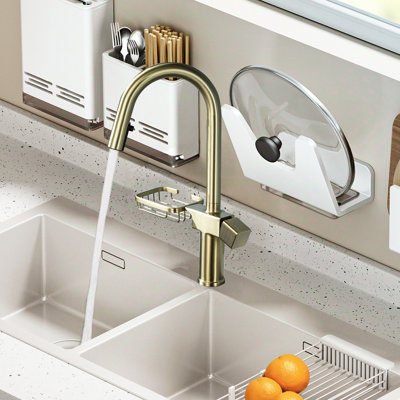 Robinet de cuisine rétractable High Arc, un trou, acier inoxydable, or brossé, deux modes de jet, rotation sur 360 °, installation rapide de bricolage, cartouche en céramique, robinet de rangement encastré en or