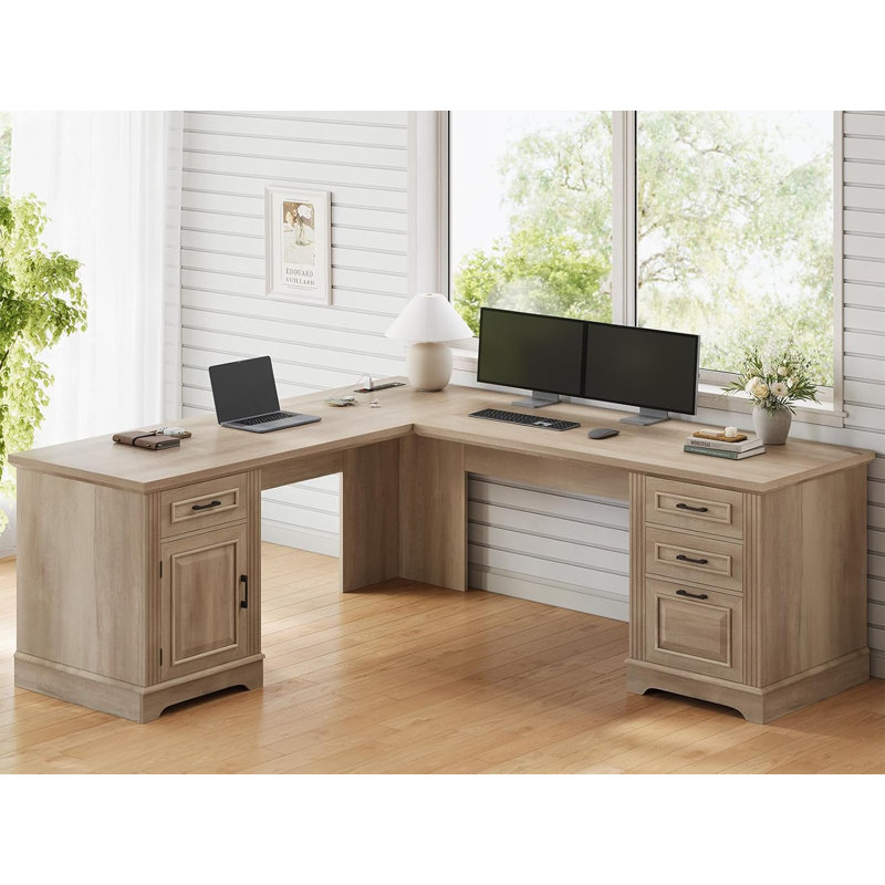 Suter L-Shaped Executive Desk with File Drawer and Power Outlet, Oak