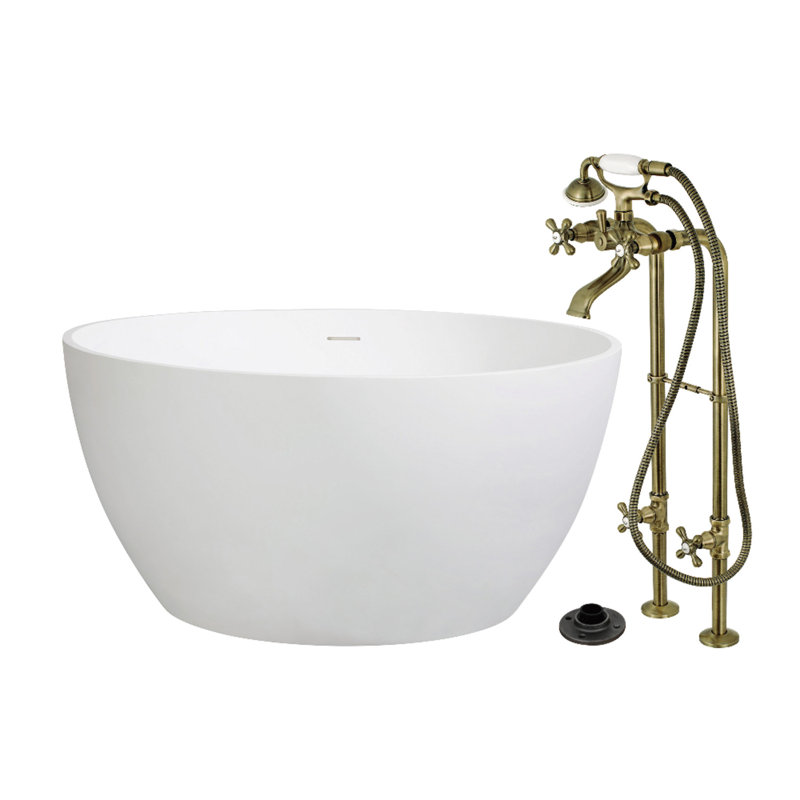 Kingston Arcticstone 45-Inch Solid Surface Round Double Ended Freestanding Tub With Faucet Combo And Drain, Antique Brass
