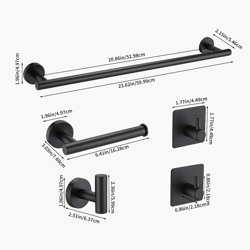 Bathroom Hardware 5-Piece Bath Hardware Set With Towel Bar, Robe Hook, Toilet Paper Holder In Matte Black