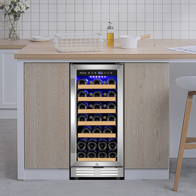 15" Wine Premium Refrigerator 31 Bottle Built-in Wine Cooler with Two Handle & Reversible Hinge, Stainless Steel