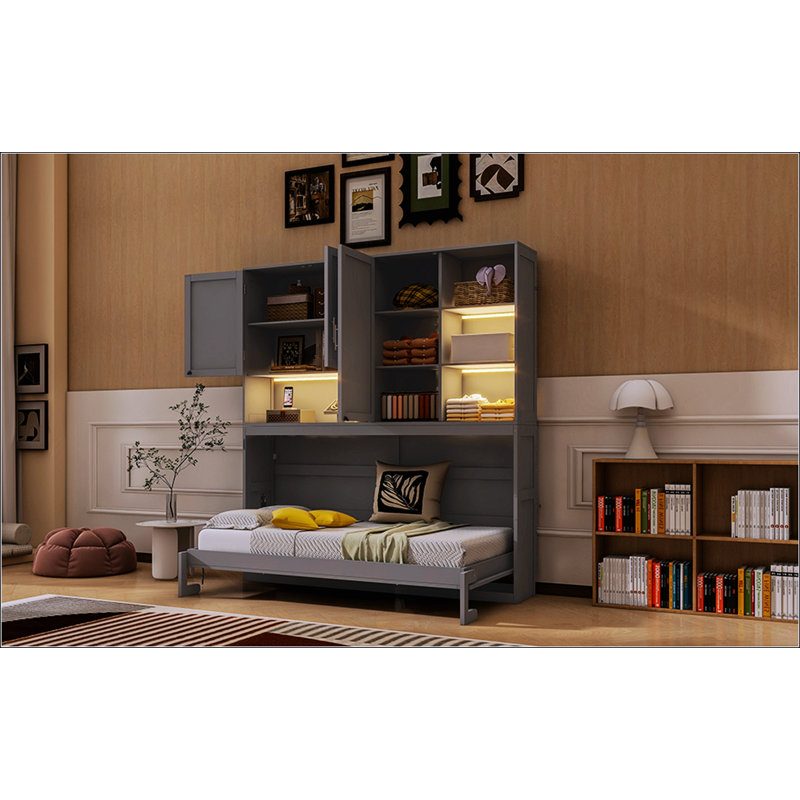 Lit escamotable mural simple avec armoire supérieure