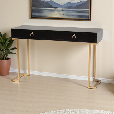 Zindra 2-Drawer Console Table in Finished Wood and Gold Metal, 29.3" H X 47.05" W X 15.5" D