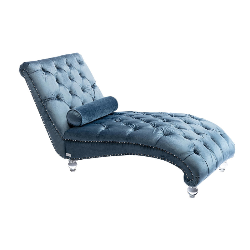 Velvet Chaise Lounge Indoor,Button-Tufted Upholstered Chaise Lounge Chair With Pillow For Bedroom Living Room Office (Light Blue Velvet)