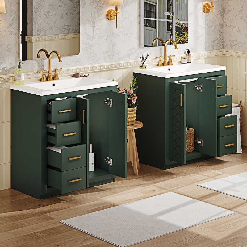 Ensemble de meuble-lavabo autoportant avec lavabo en céramique séparé, Vert
