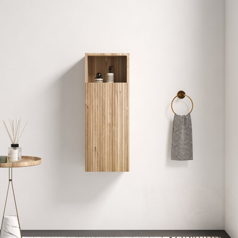 Armoire latérale de salle de bain flottante avec tablette ouverte et une porte