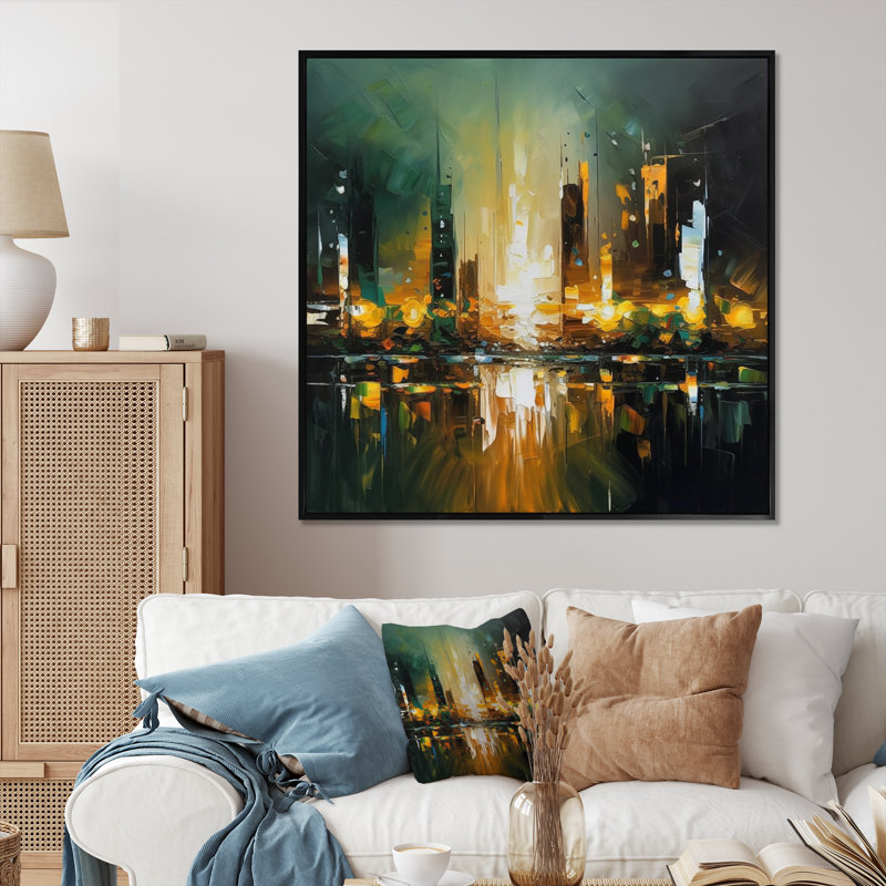 «Abstract City Skyline 1» - Impression, H 36 po x l 36 po x P 1,5 po, Cadre flottant noir
