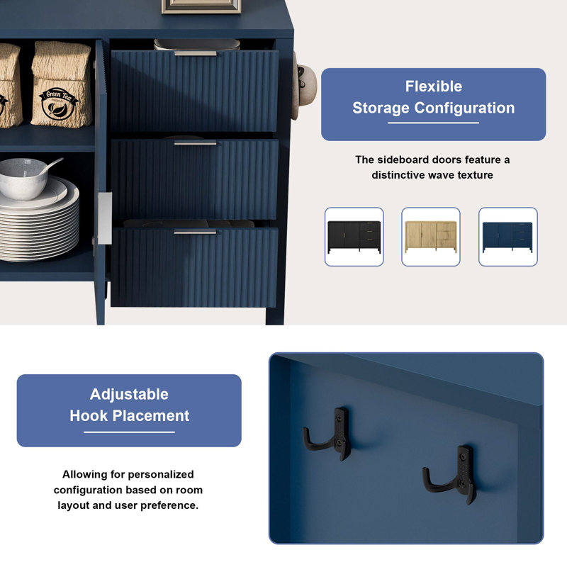 Amarilys 55.1'' Modern Wave-Pattern Buffet Cabinet Sideboard With 3 Drawers, Navy Blue