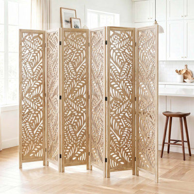 67'' H Solid Wood Room Divider - Floral Serenity Folding Screen with Leaf Cutout