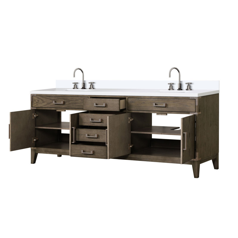 Ensemble de meuble-lavabo double en chêne gris l 84 po x P 22 po avec plateau en quartz blanc et robinet Laurel