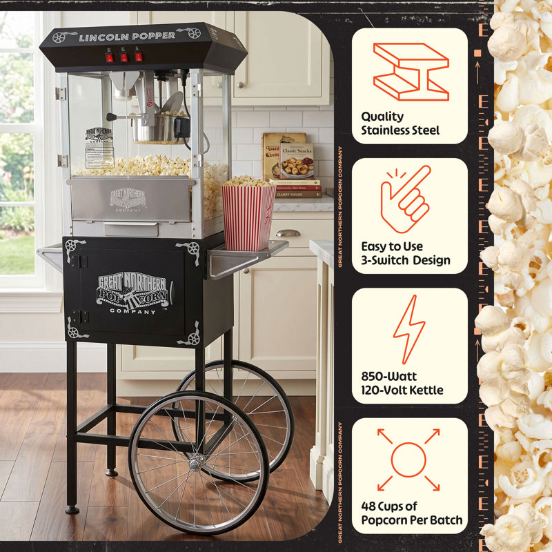 Lincoln Popcorn Machine - 8oz Popper with Stainless-Steel Kettle, Cart , Reject Kernel Tray, Warming Light, and Accessories by Great Northern Popcorn (Black)