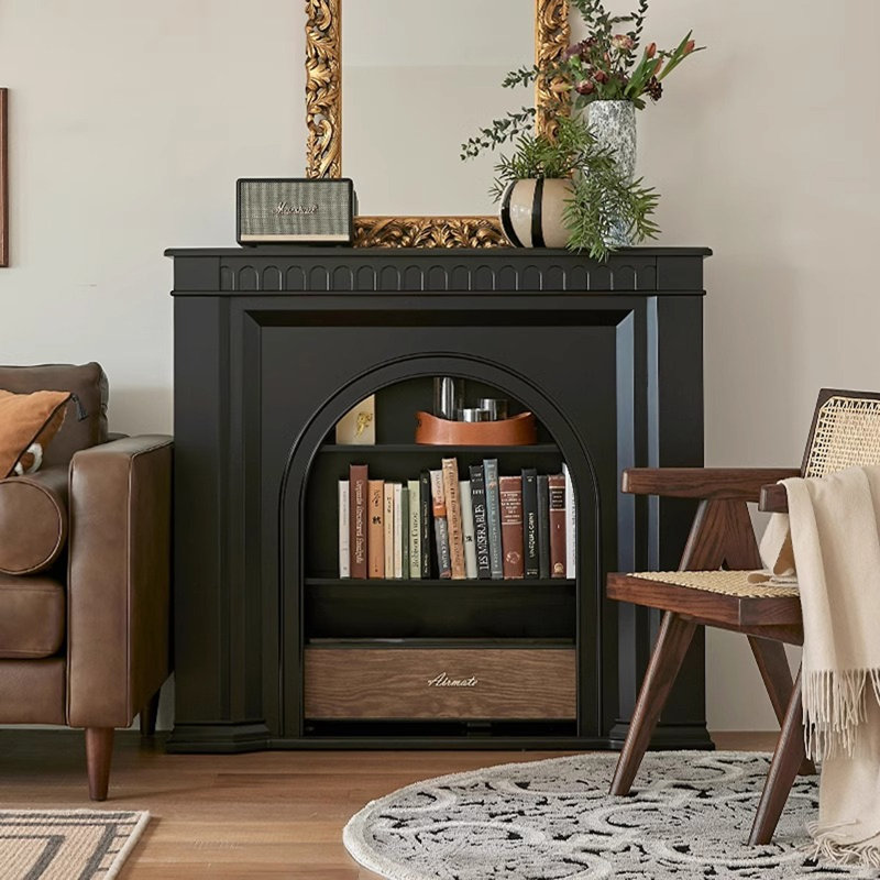 French retro oak black fireplace decorative cabinet, 43.31" H x 51.18" W x 13.78" D