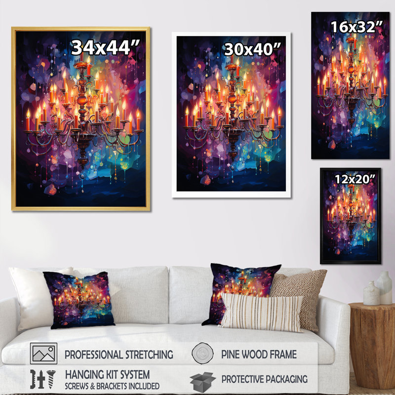 Larcenia " Chandelier Vibrant Reflections Pointillism ", Black Floater Framed, 20" H x 12" W x 1" D