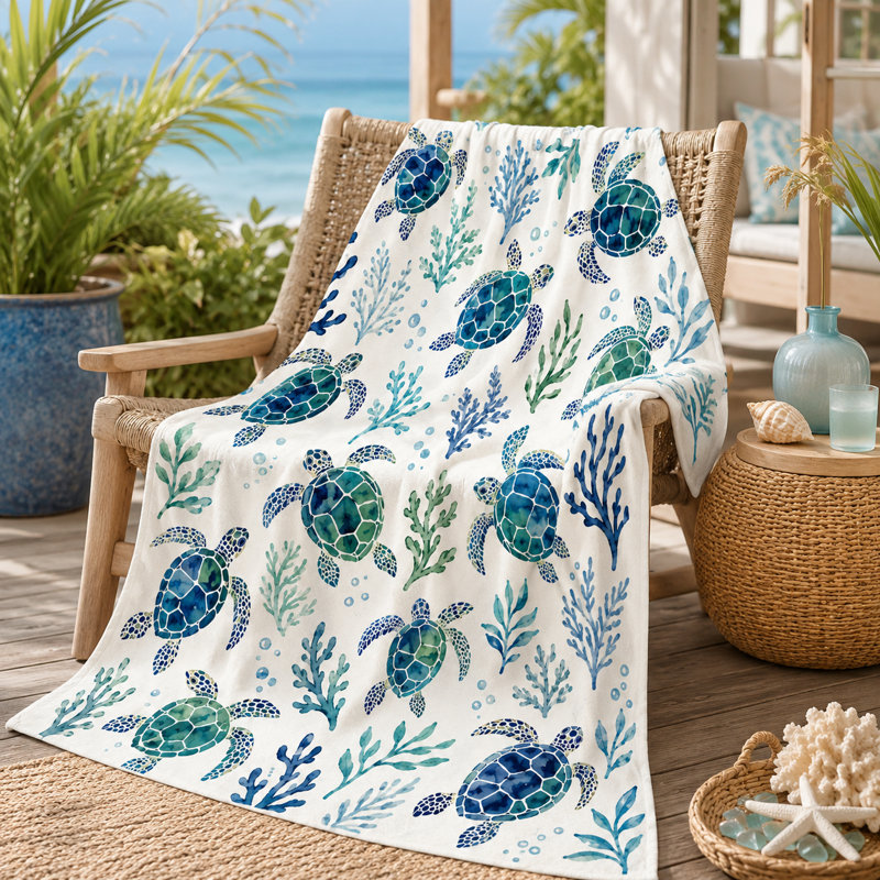 Watercolor Sea Turtle Blanket, Turtle Print with Coral and Seaweed, Flannel Throw for Couch, Bed, Coastal Room, Travel and Relaxing, 50 x 60 in