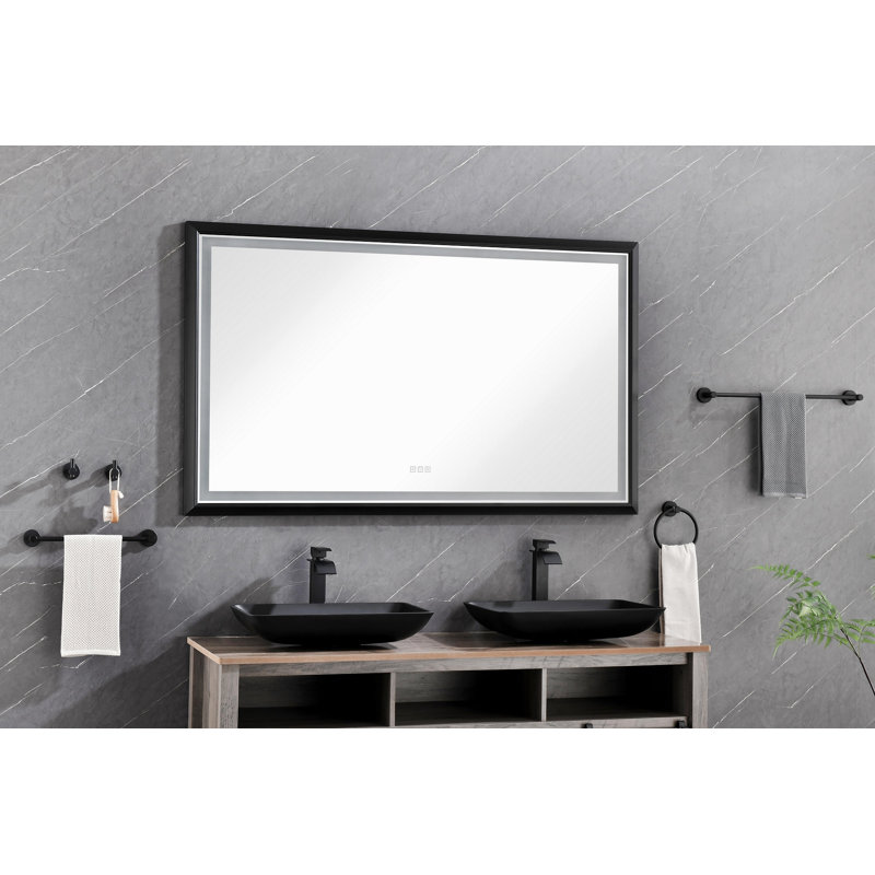 Miroir de salle de bain 60 po x 36 po à DEL avec cadre en aluminium, miroir de meuble-lavabo mural, anti-buée, mémoire, 3 couleurs, réglable en continu