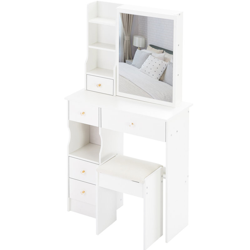 American Style 50.4" Tall White Vanity Table With Left Drawer, Right Sliding Mirror, Multi - Layer Storage And Cushioned Stool For Small Spaces 29.2" Long Bedrooms