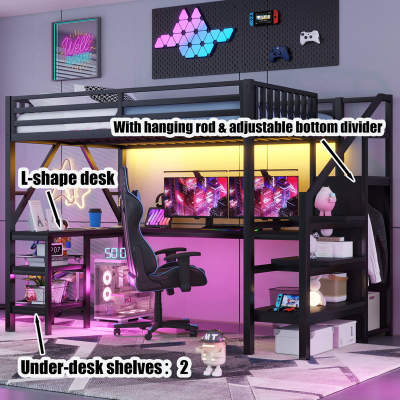 Full Size Gaming Loft Bed with L-Shaped Desk, RGB LED Lights and Storage Stairs, Heavy-Duty Metal Loft Bed Frame with Wardrobe, USB Charging Station and Shelves for Teens Adults, Black