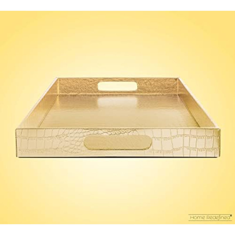 18"X12" Gold Glossy Crocodile Faux Leather Serving Tray Beautiful Modern Elegant Decorative Tray With Handles Ottoman Coffee Table Tray For All Occasion's
