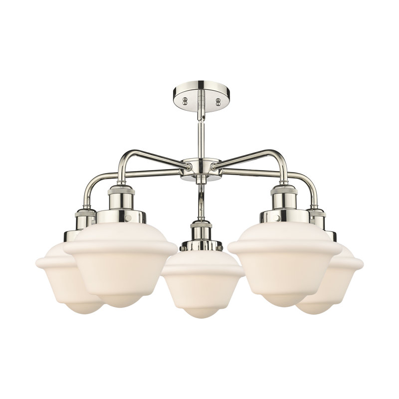 Lustre bol à 5 lumières en verre à intensité variable Grourke, Blanc mat, Nickel poli