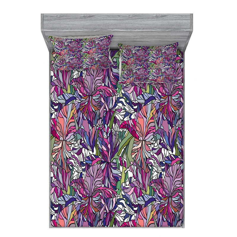 Microfiber Floral Sheet Set, Full Sheet Set + Fitted Sheet + 2 Pillowcases, Purple Floral