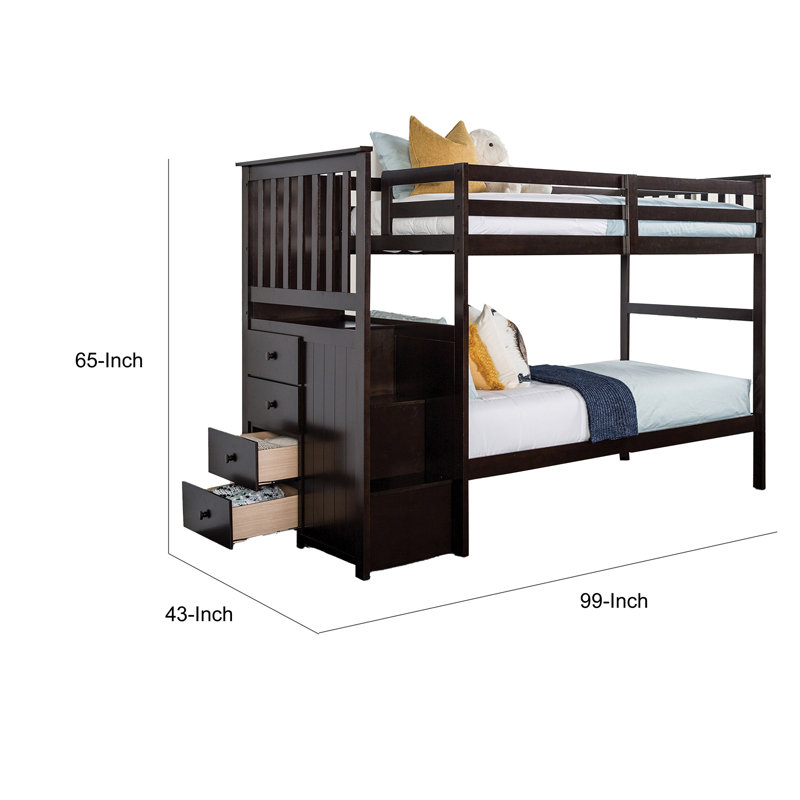 Lit superposé simple Riyo, unité de rangement encastrée, bois franc massif espresso