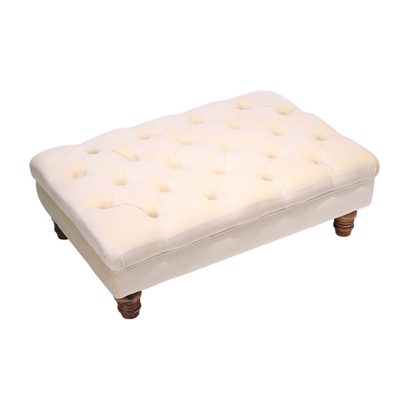 90cm Wide Velvet Tufted Rectangle No Pattern Standard Ottoman, Beige