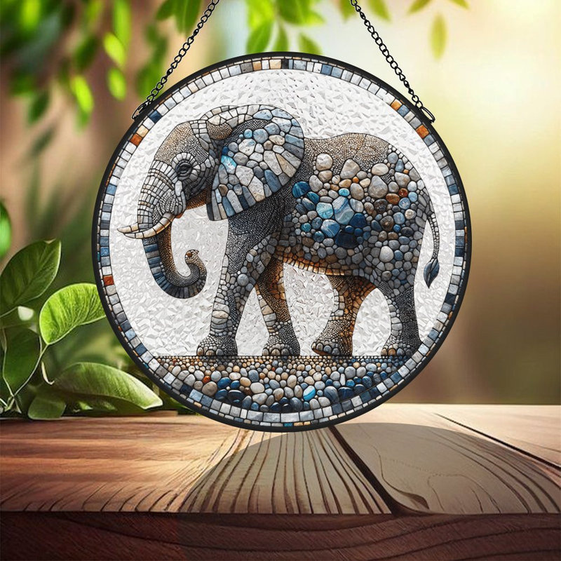 Panneaux de vitrail en mosaïque éléphant, attrape-soleil pour la décoration de fenêtre, 11,8 x 11,8 po (30 x 30 cm)